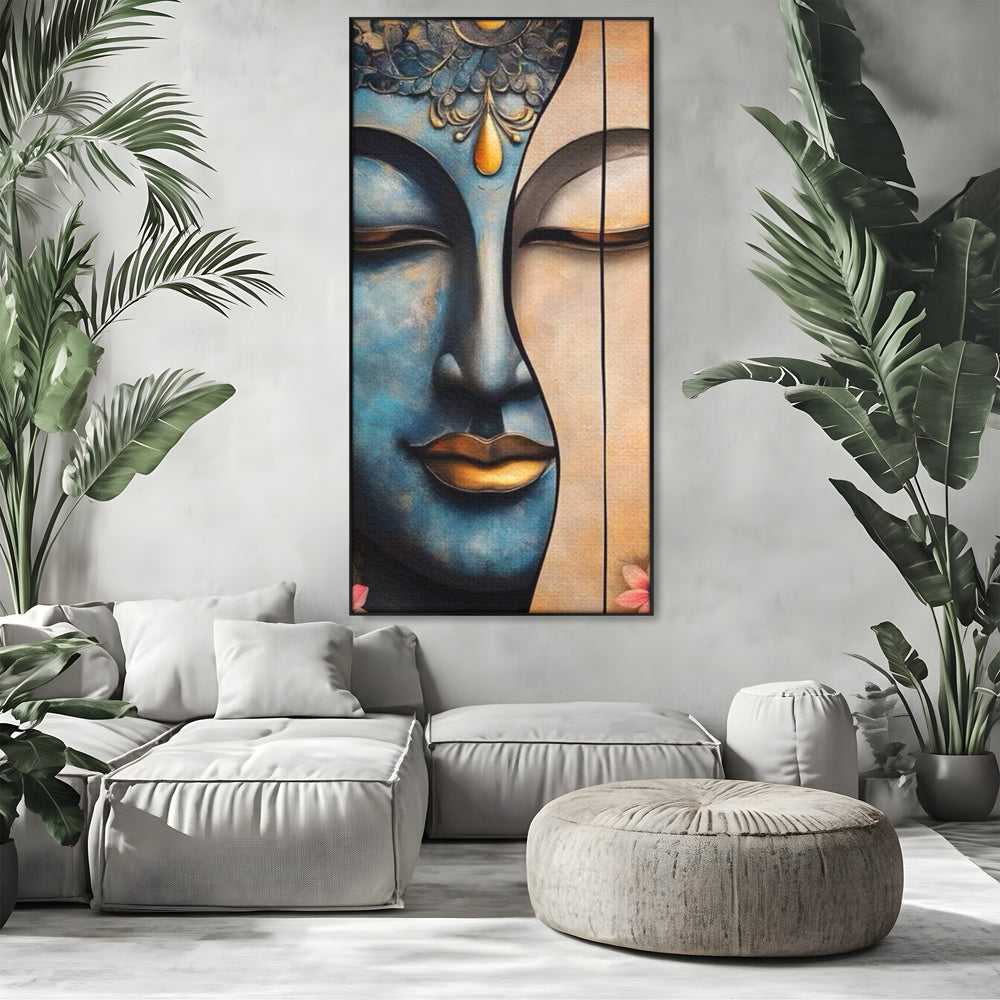 Tablou canvas cu tablou canvas cu chipul lui buddha, in rama de aluminiu negru, pe perete intr-un living