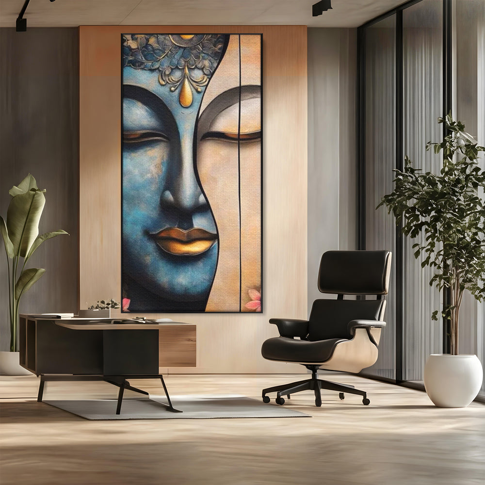 Tablou canvas cu tablou canvas cu chipul lui buddha, in rama de aluminiu negru, pe perete intr-un birou
