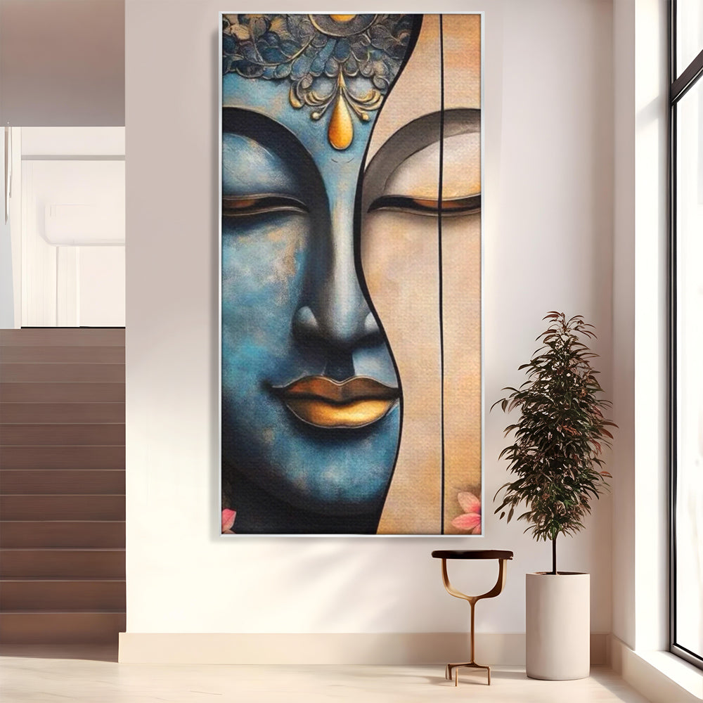 Tablou canvas cu tablou canvas cu chipul lui buddha, in rama de aluminiu argintiu