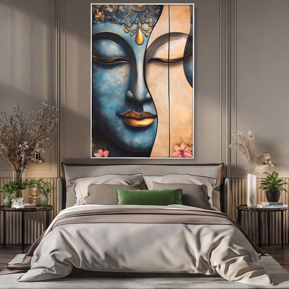 Tablou canvas cu tablou canvas cu chipul lui buddha, in rama de aluminiu argintiu, pe perete intr-un dormitor