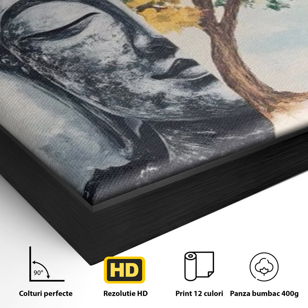 Detaliu al suprafetei: tablou canvas cu buddha si copac, in rama de aluminiu negru