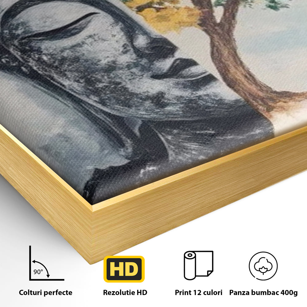 Detaliu al suprafetei: tablou canvas cu buddha si copac, in rama de aluminiu auriu
