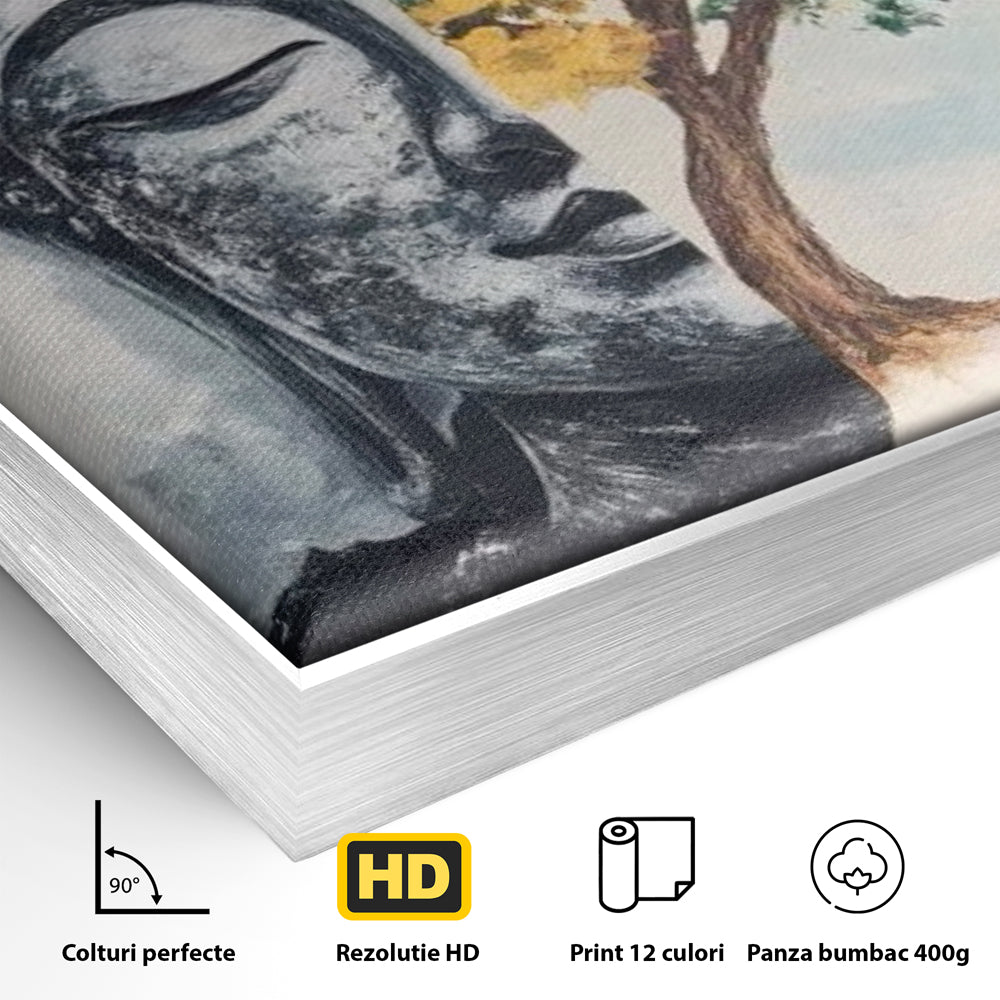 Detaliu al suprafetei: tablou canvas cu buddha si copac, in rama de aluminiu argintiu