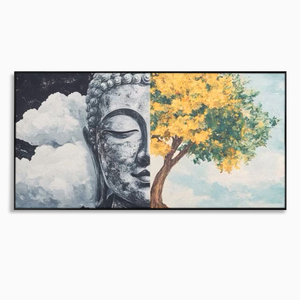Tablou canvas cu tablou canvas cu buddha si copac, in rama de aluminiu negru