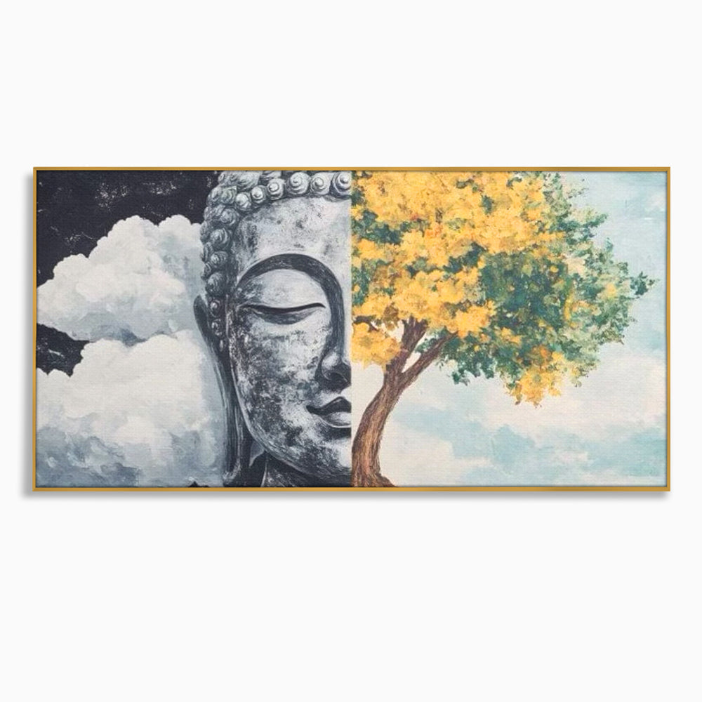 Tablou canvas cu tablou canvas cu buddha si copac, in rama de aluminiu auriu