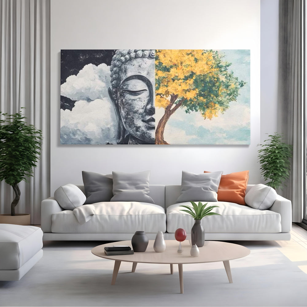 Tablou canvas cu tablou canvas cu buddha si copac, fara rama, pe sasiu de lemn, pe perete intr-un living