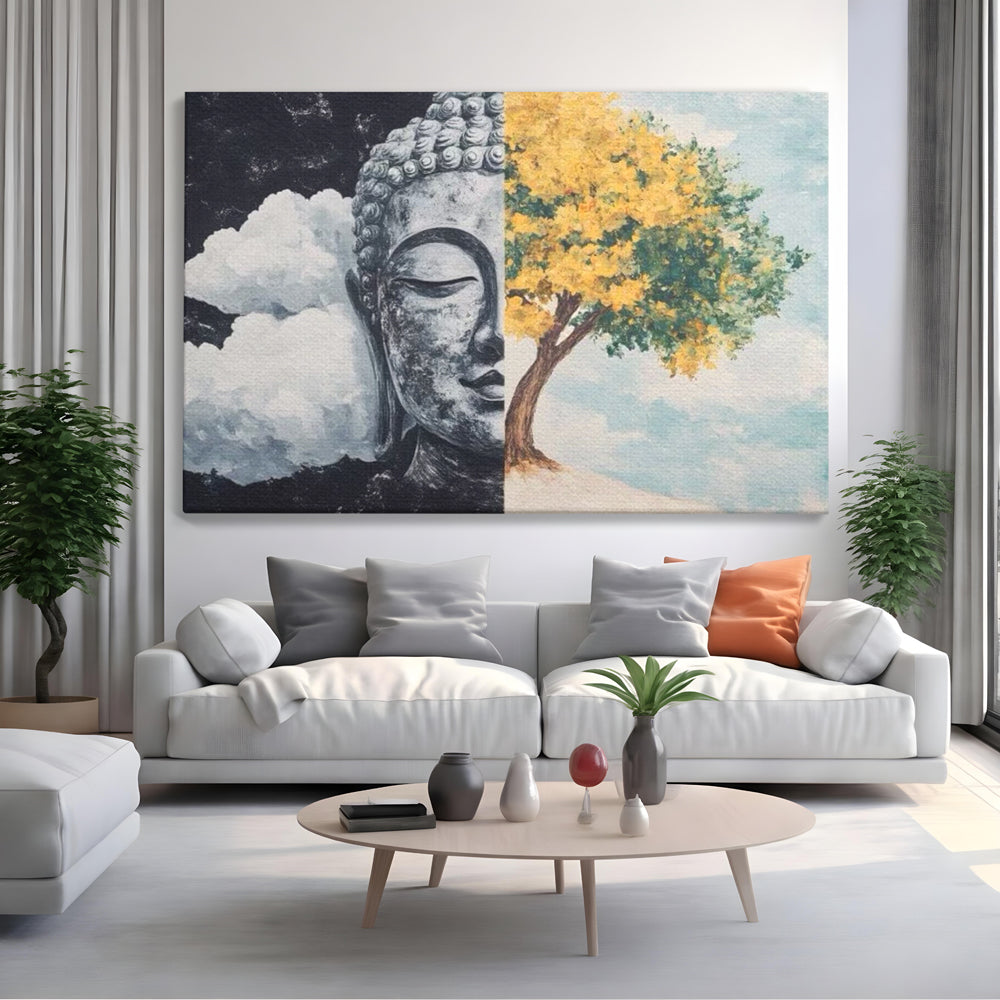 Tablou canvas cu tablou canvas cu buddha si copac, fara rama, pe sasiu de lemn, pe perete intr-un living