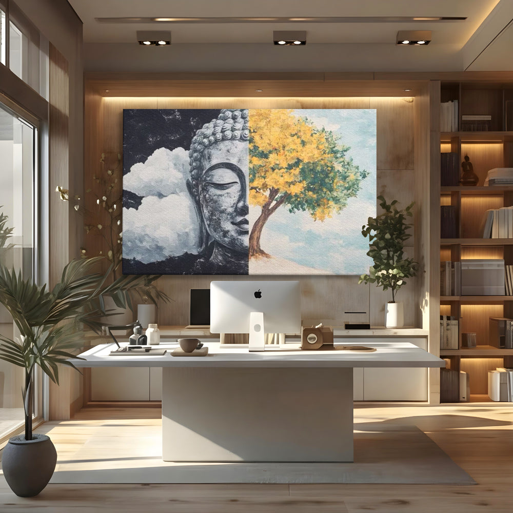 Tablou canvas cu tablou canvas cu buddha si copac, fara rama, pe sasiu de lemn, pe perete intr-un birou