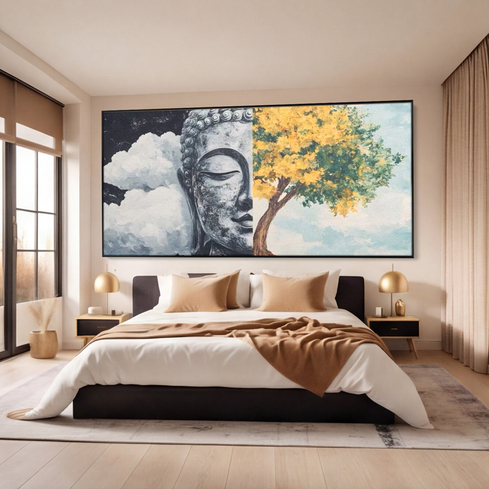 Tablou canvas cu tablou canvas cu buddha si copac, in rama de aluminiu negru, pe perete intr-un dormitor
