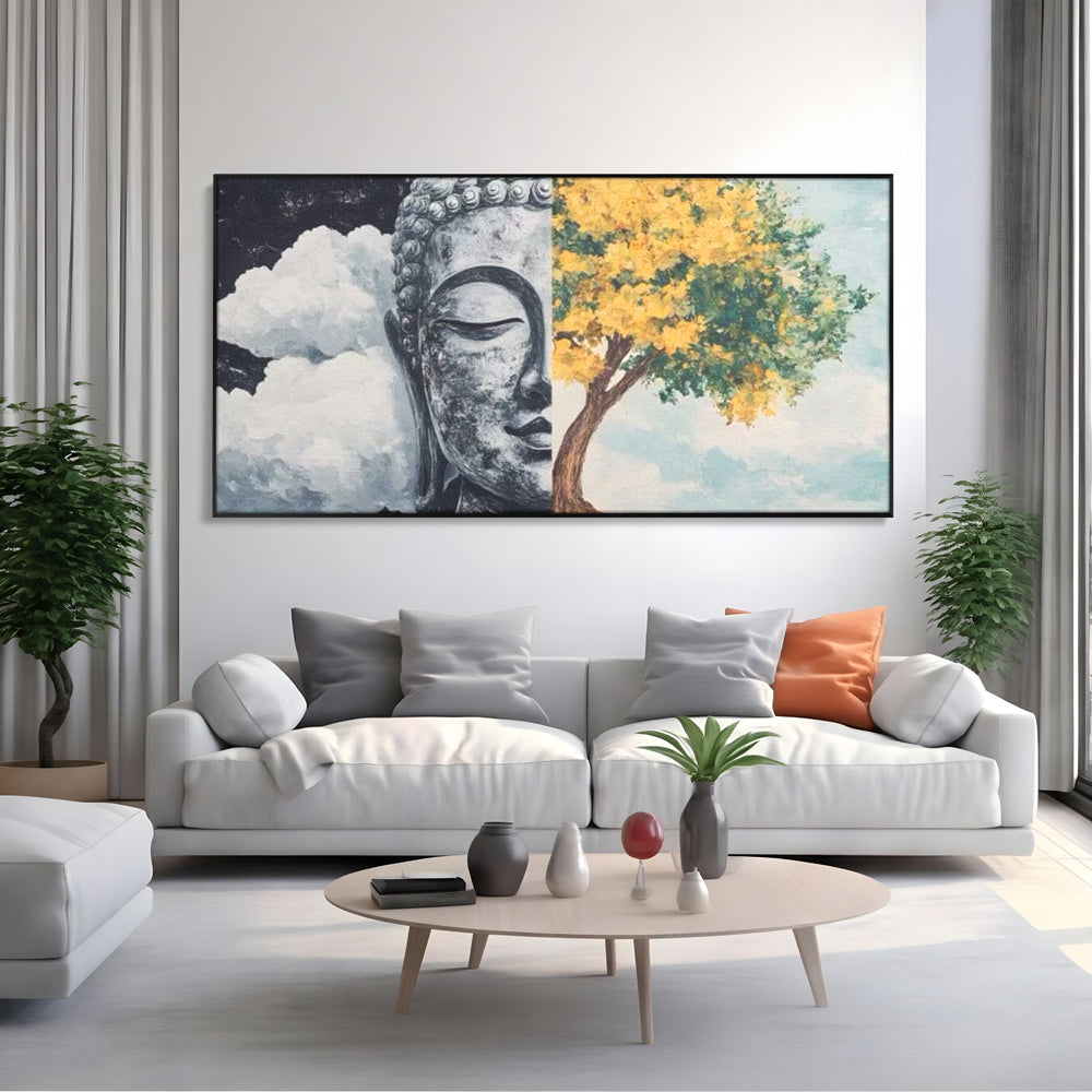 Tablou canvas cu tablou canvas cu buddha si copac, in rama de aluminiu negru, pe perete intr-un living