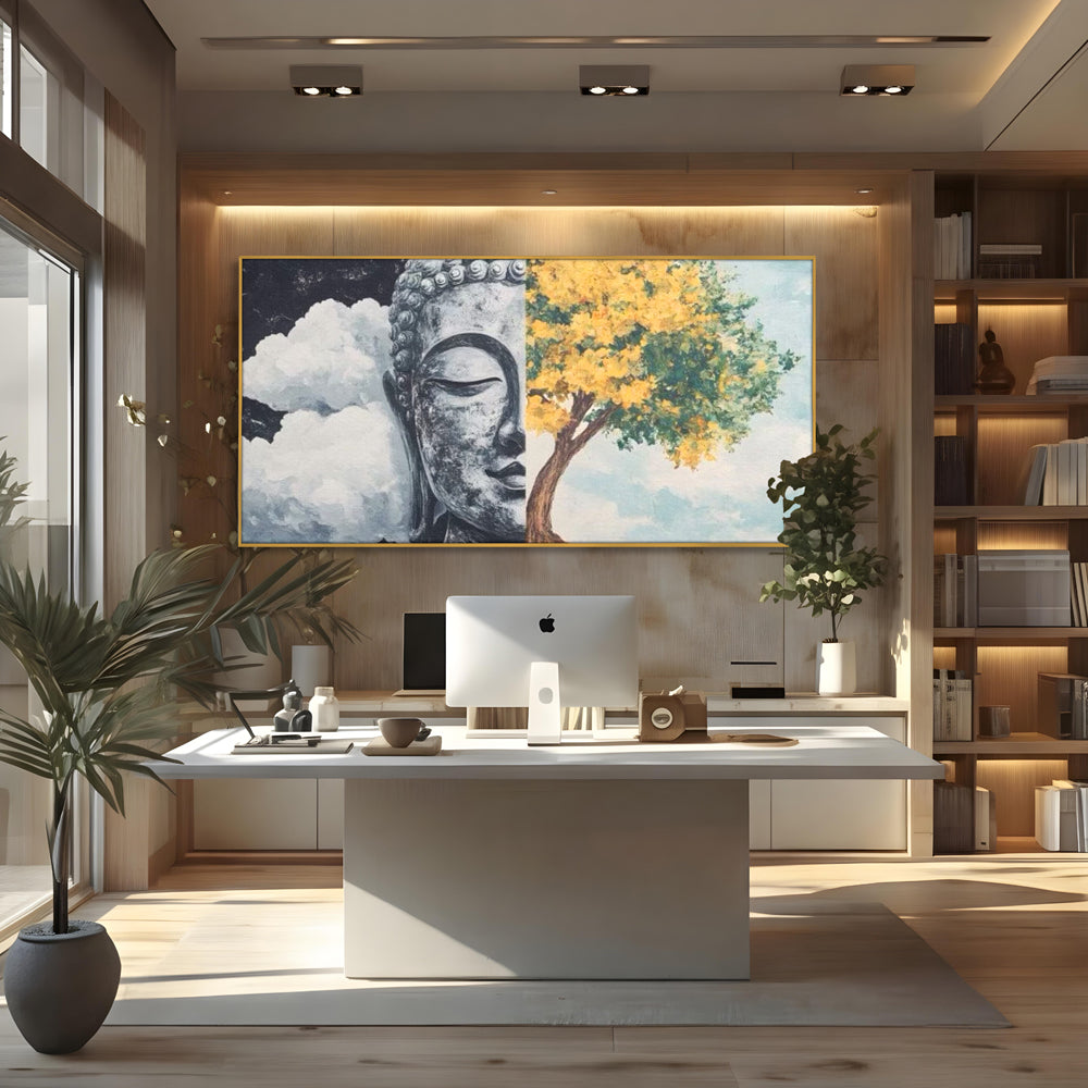 Tablou canvas cu tablou canvas cu buddha si copac, in rama de aluminiu auriu, pe perete intr-un birou