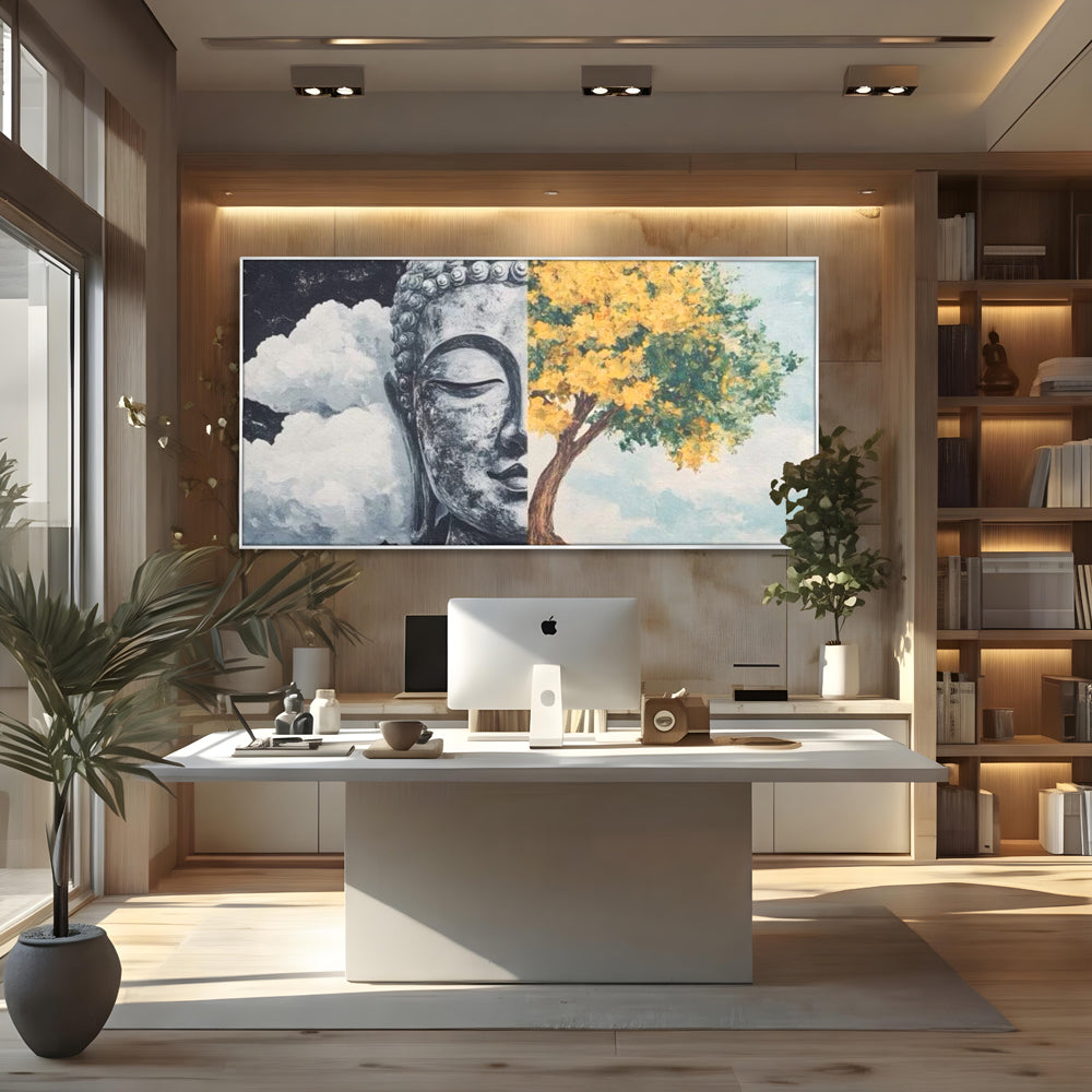 Tablou canvas cu tablou canvas cu buddha si copac, in rama de aluminiu argintiu, pe perete intr-un birou
