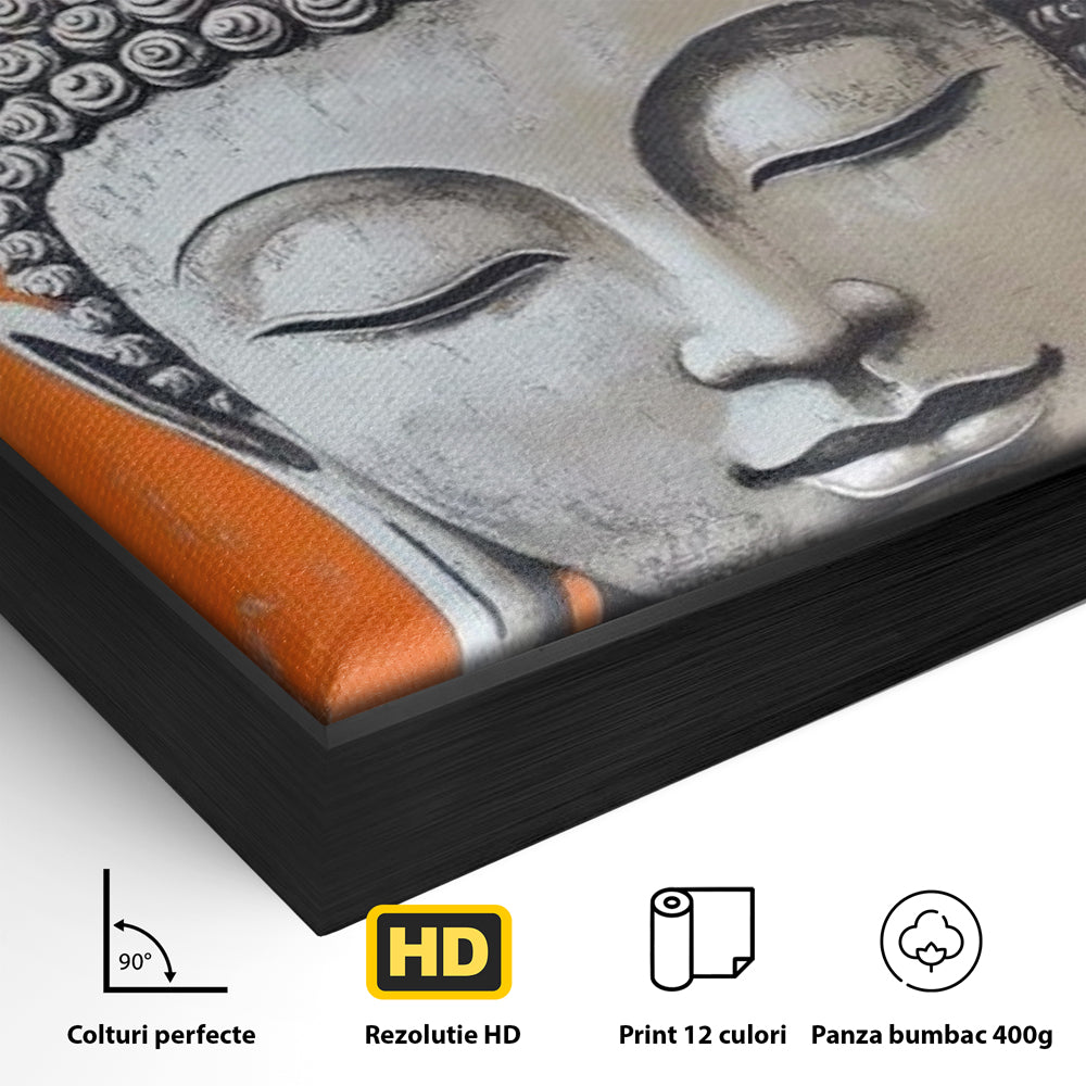 Detaliu al suprafetei: tablou canvas cu capul lui buddha si copac, in rama de aluminiu negru