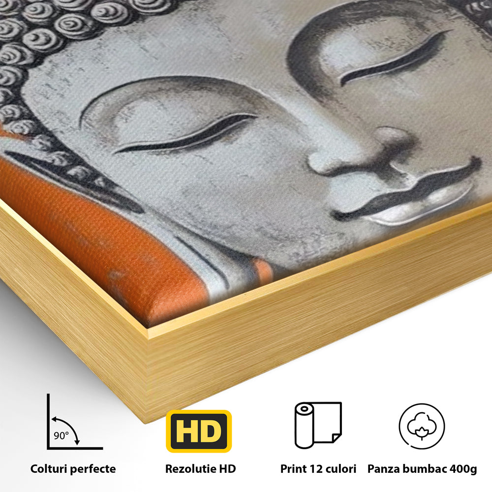 Detaliu al suprafetei: tablou canvas cu capul lui buddha si copac, in rama de aluminiu auriu