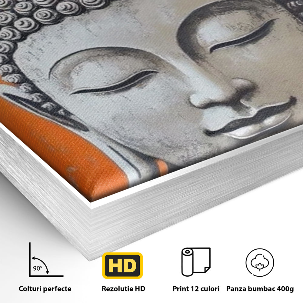 Detaliu al suprafetei: tablou canvas cu capul lui buddha si copac, in rama de aluminiu argintiu