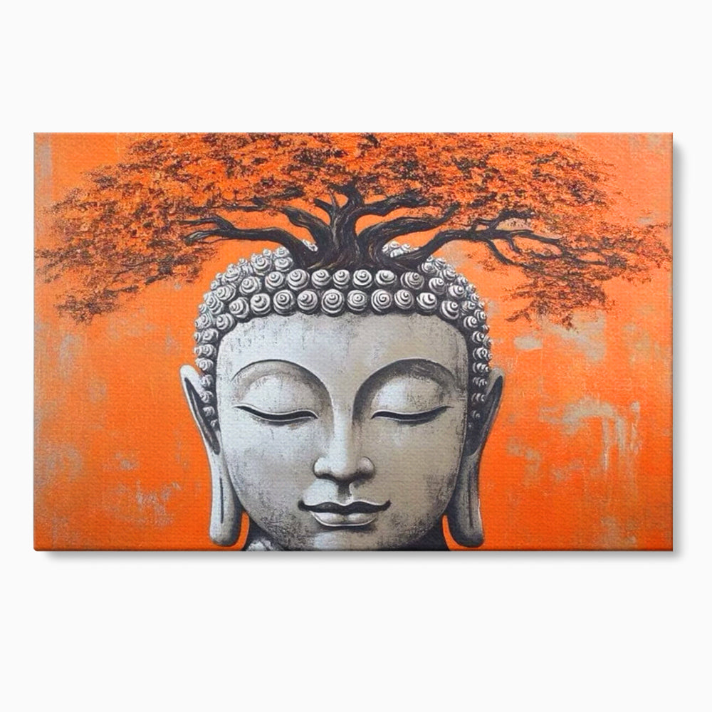 Tablou canvas cu tablou canvas cu capul lui buddha si copac, fara rama, pe sasiu de lemn