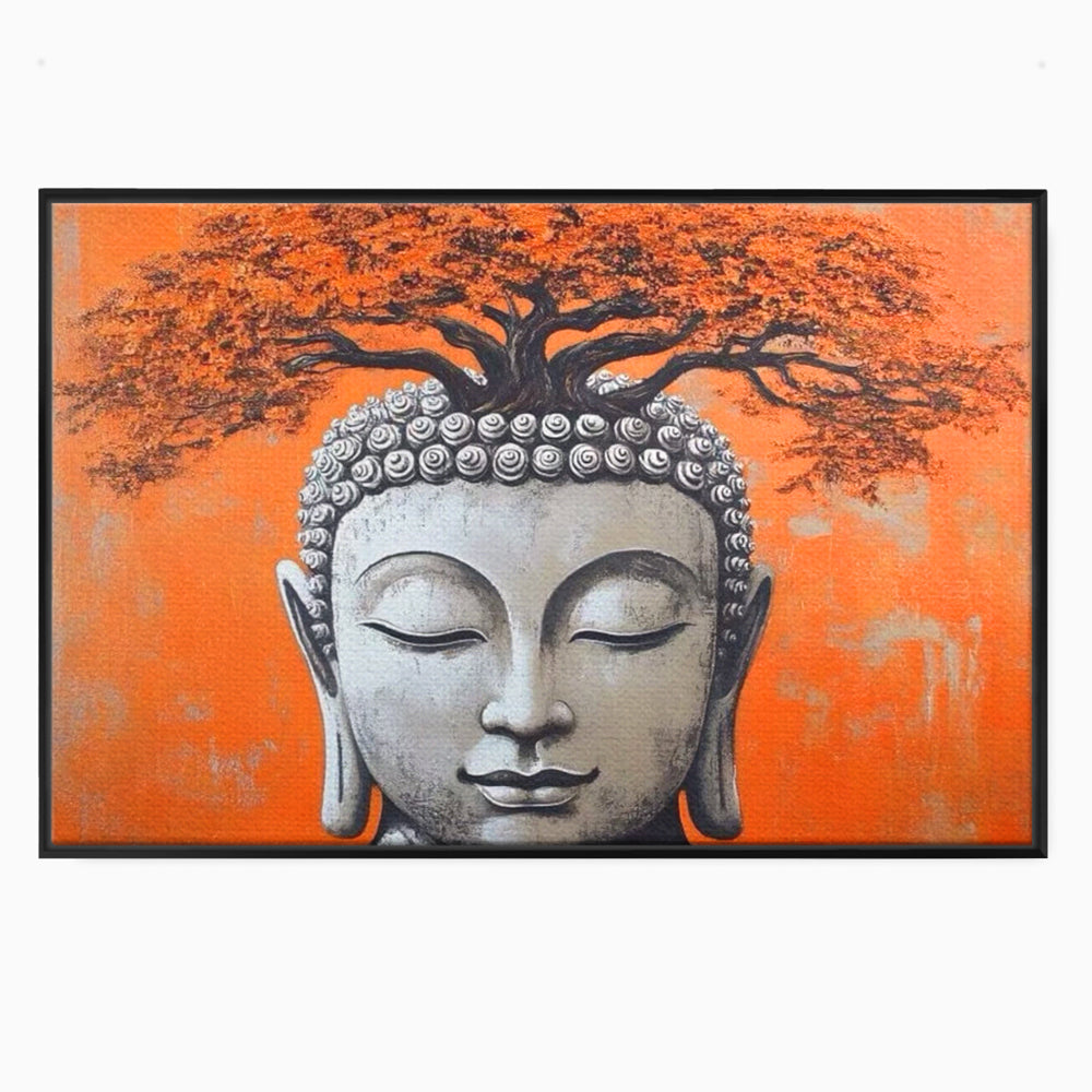 Tablou canvas cu tablou canvas cu capul lui buddha si copac, in rama de aluminiu negru