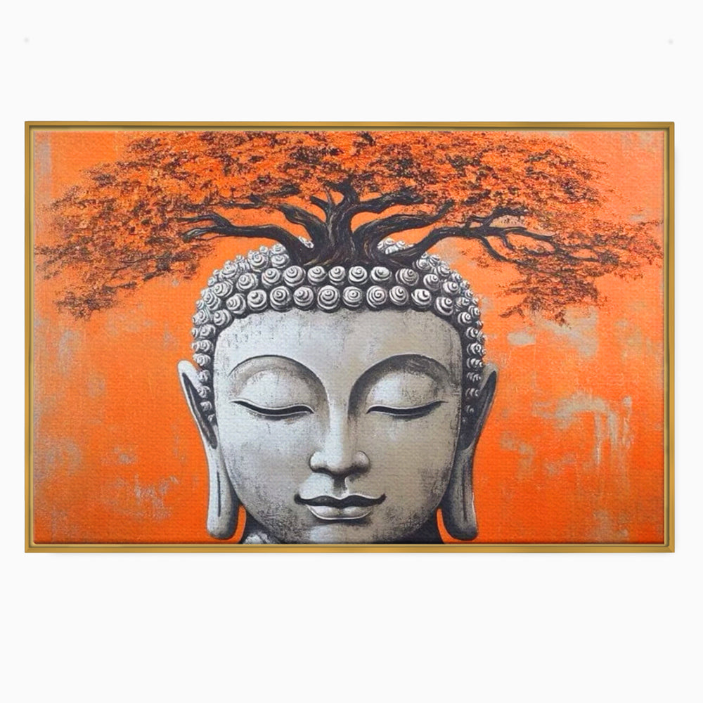 Tablou canvas cu tablou canvas cu capul lui buddha si copac, in rama de aluminiu auriu