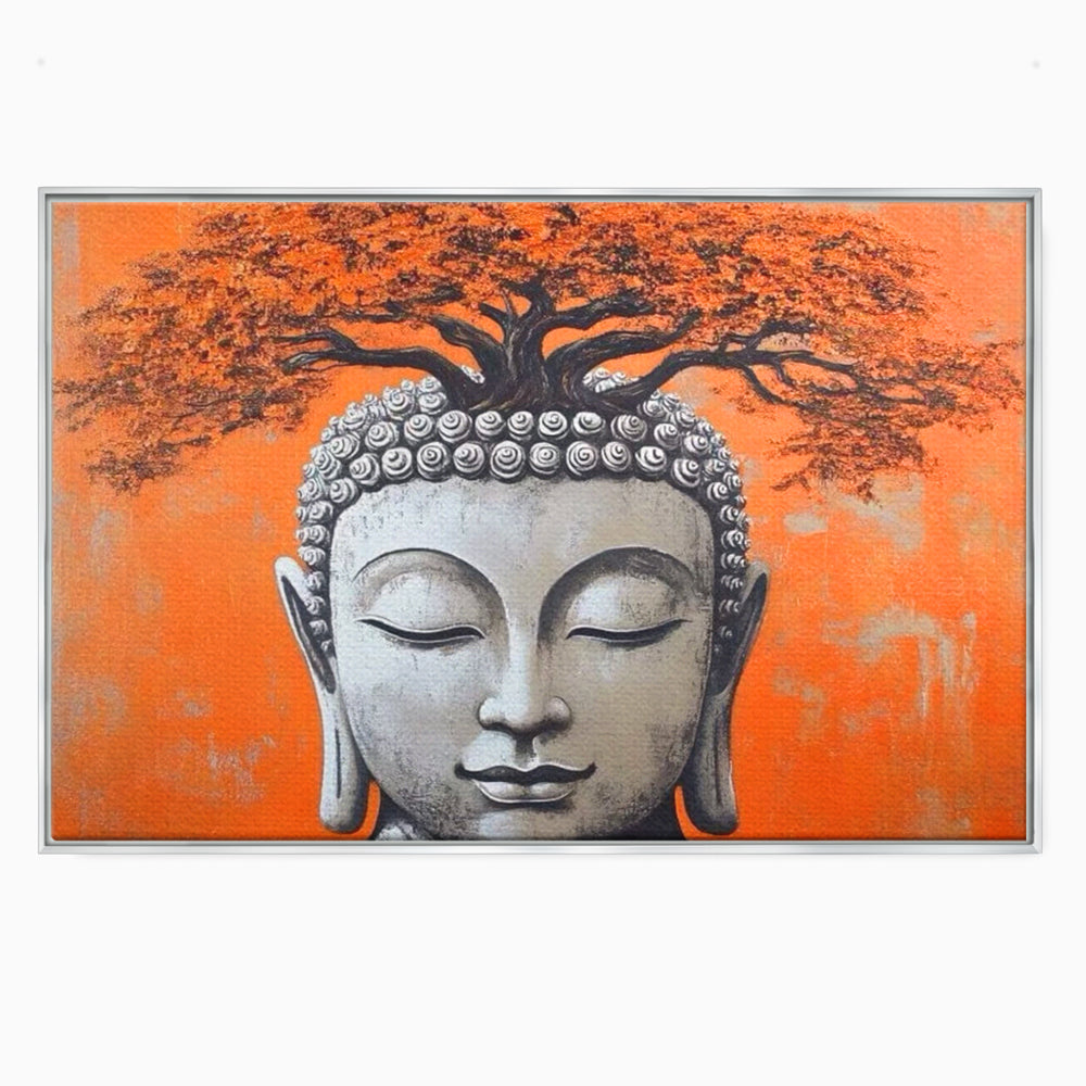 Tablou canvas cu tablou canvas cu capul lui buddha si copac, in rama de aluminiu argintiu