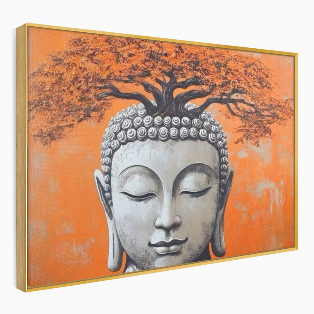 Tablou canvas cu tablou canvas cu capul lui buddha si copac, in rama de aluminiu auriu