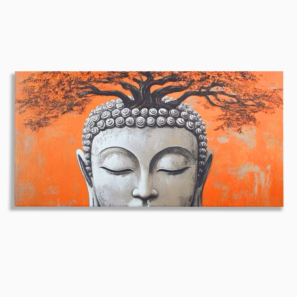 Tablou canvas cu tablou canvas cu capul lui buddha si copac, fara rama, pe sasiu de lemn