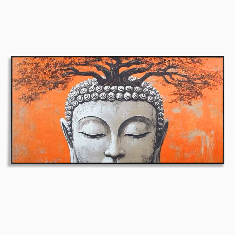 Tablou canvas cu tablou canvas cu capul lui buddha si copac, in rama de aluminiu negru