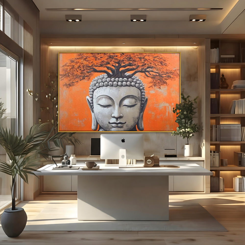 Tablou canvas cu tablou canvas cu capul lui buddha si copac, in rama de aluminiu auriu, pe perete intr-un birou