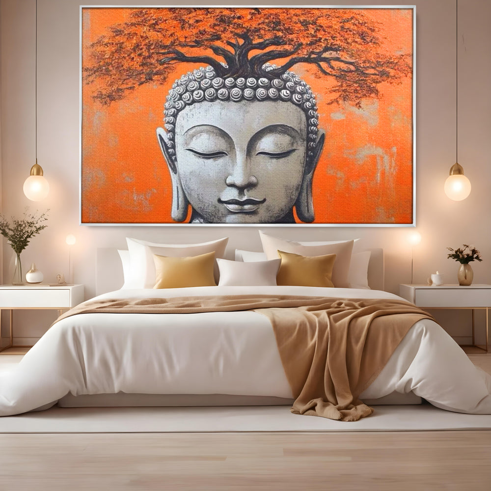 Tablou canvas cu tablou canvas cu capul lui buddha si copac, in rama de aluminiu argintiu, pe perete intr-un dormitor