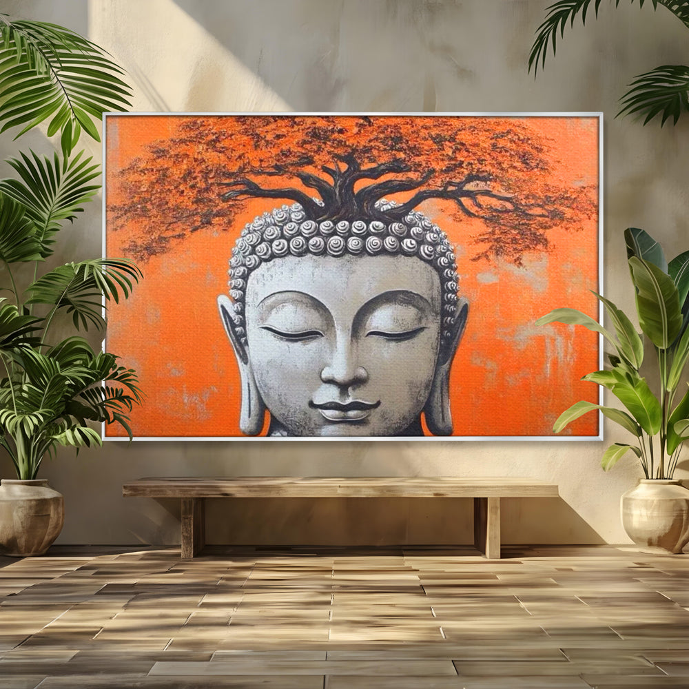 Tablou canvas cu tablou canvas cu capul lui buddha si copac, in rama de aluminiu argintiu