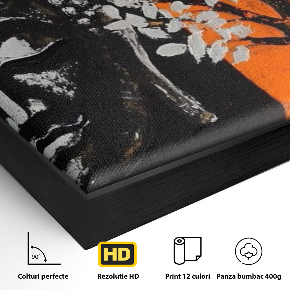 Detaliu al suprafetei: tablou canvas cu capul lui buddha si un copac, in rama de aluminiu negru
