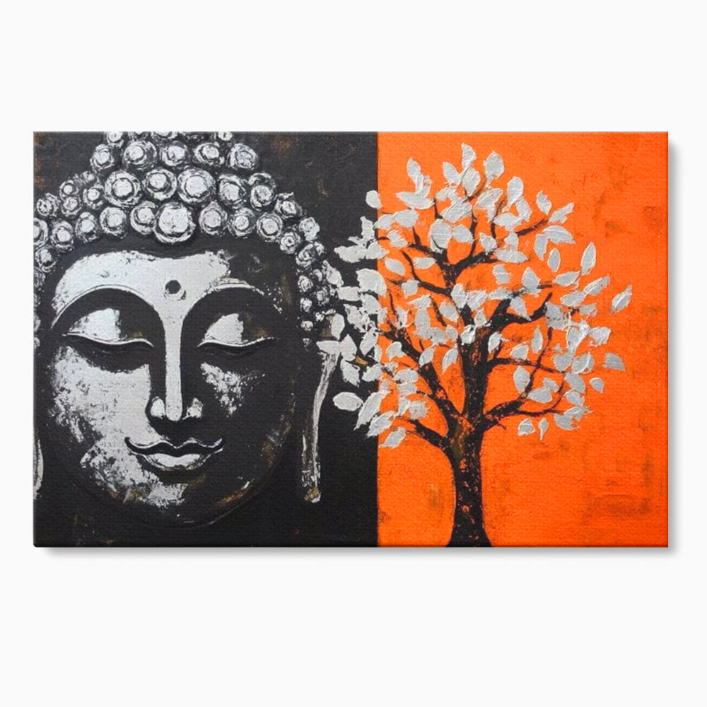 Tablou canvas cu tablou canvas cu capul lui buddha si un copac, fara rama, pe sasiu de lemn