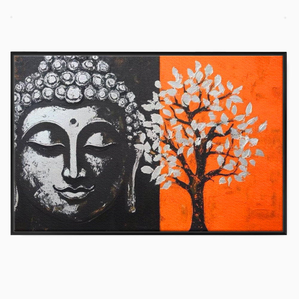 Tablou canvas cu tablou canvas cu capul lui buddha si un copac, in rama de aluminiu negru