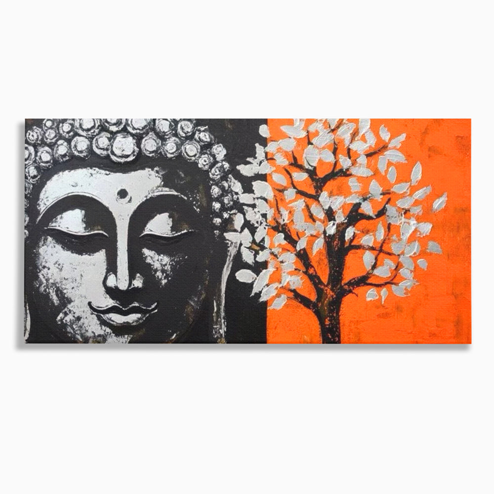Tablou canvas cu tablou canvas cu capul lui buddha si un copac, fara rama, pe sasiu de lemn