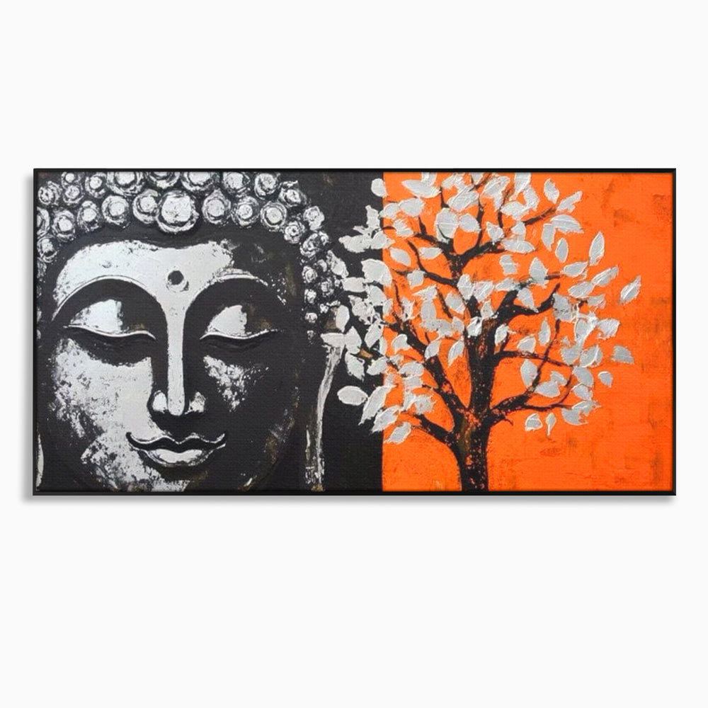 Tablou canvas cu tablou canvas cu capul lui buddha si un copac, in rama de aluminiu negru