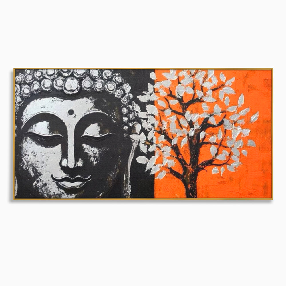 Tablou canvas cu tablou canvas cu capul lui buddha si un copac, in rama de aluminiu auriu