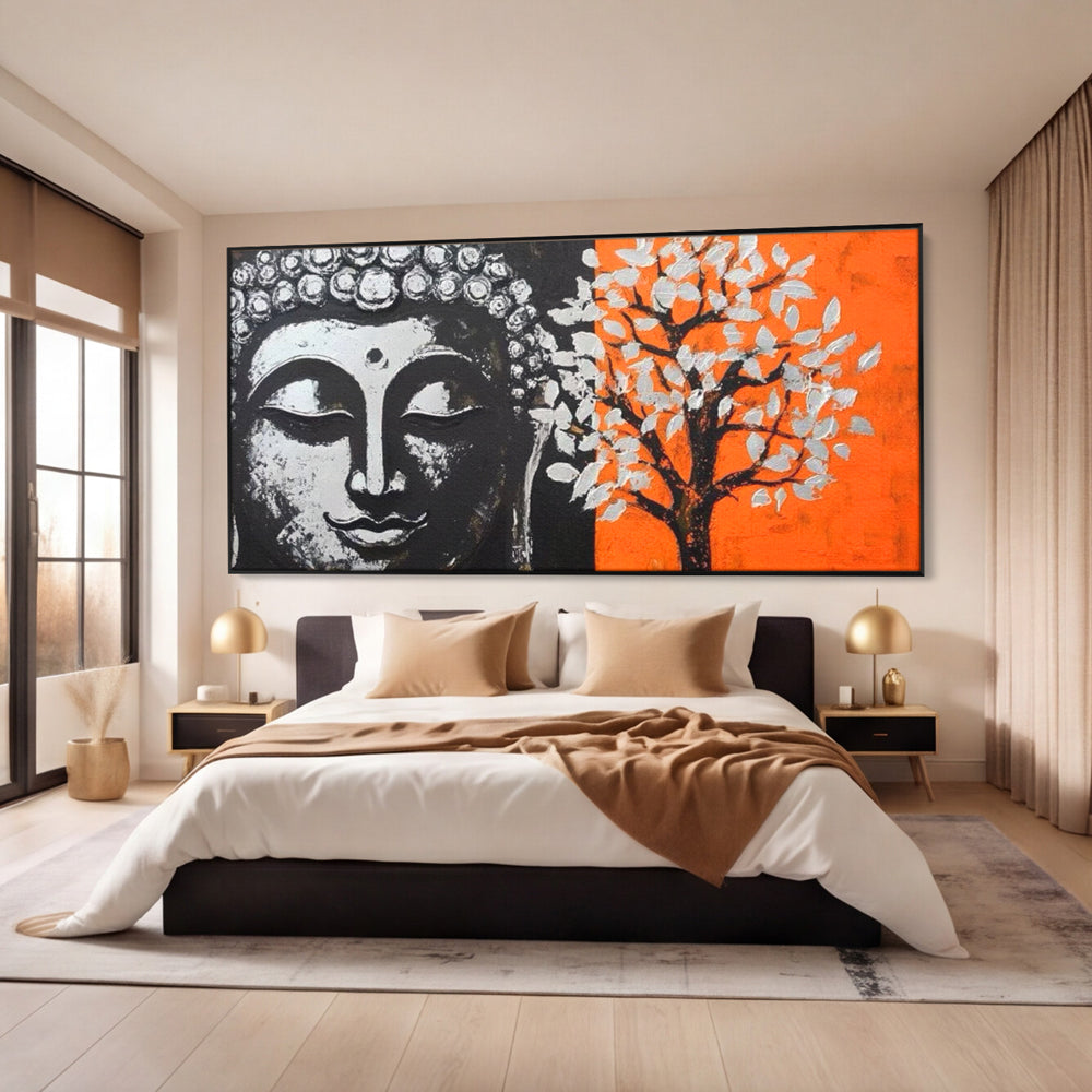 Tablou canvas cu tablou canvas cu capul lui buddha si un copac, in rama de aluminiu negru, pe perete intr-un dormitor