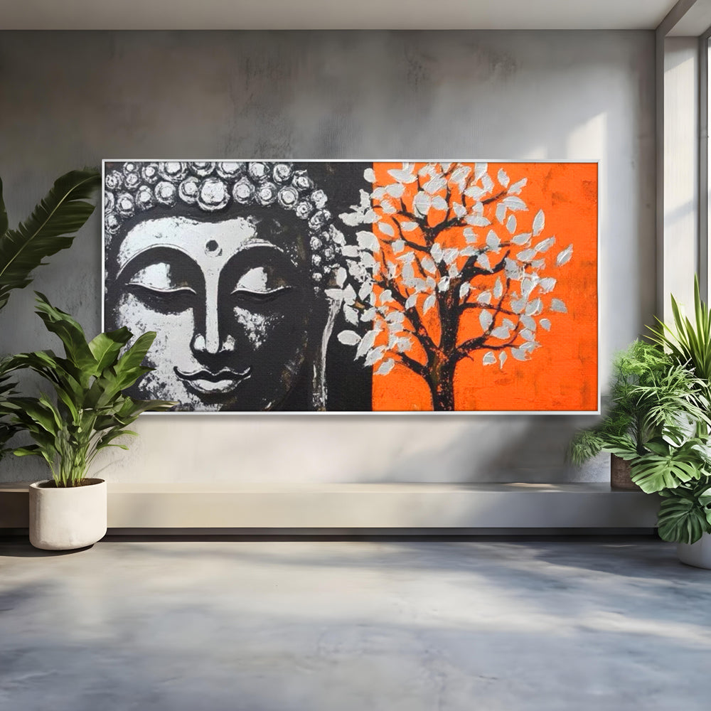 Tablou canvas cu tablou canvas cu capul lui buddha si un copac, in rama de aluminiu argintiu