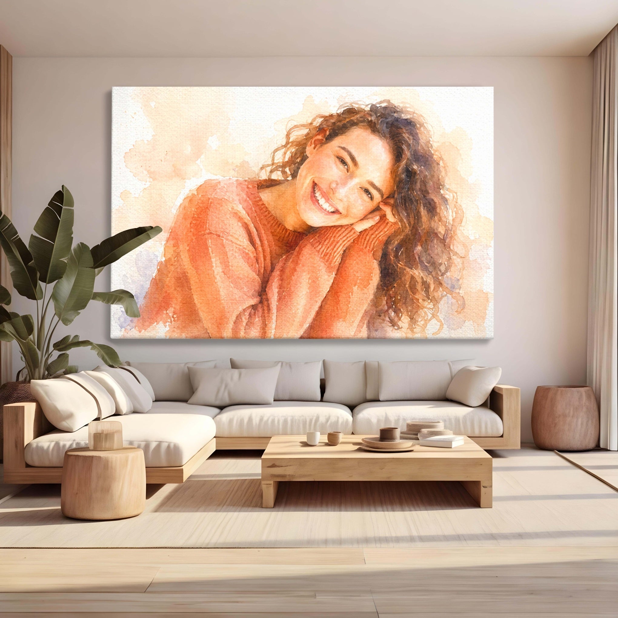 Imagine cu tablou personalizat acuarela femeie zambitoare, tiparita pe panza canvas
