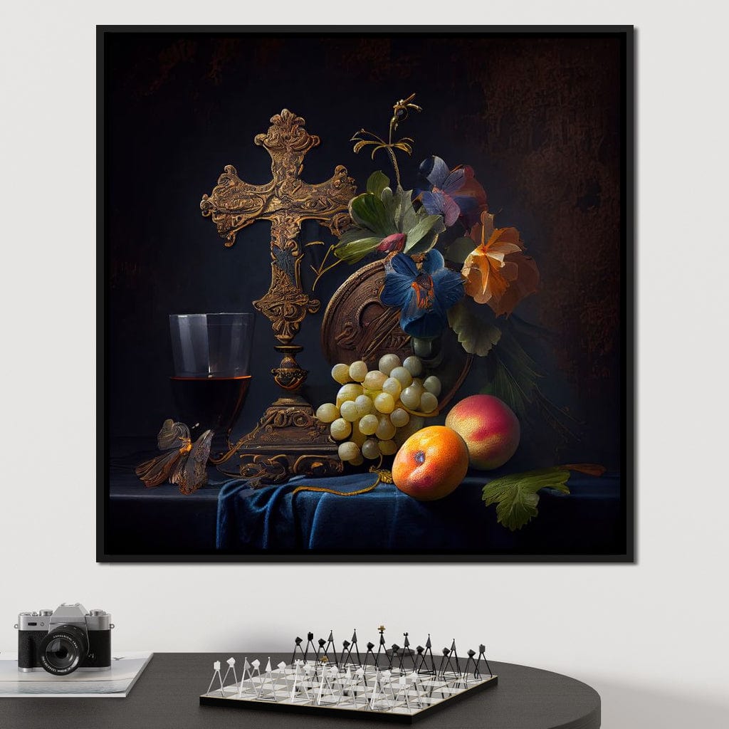 Tablou Canvas Premium LuxCanva® H1030 Natura Statica Sacra , Simboluri, Cruce, Rod, Pamant, Fructe, Vin, Sacru, Lumina, Umbra, Living, Dormitor